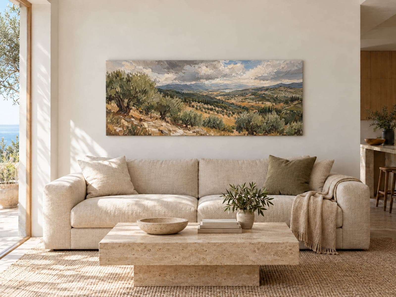 A wide canvas of olive groves in rolling hills above a linen sofa