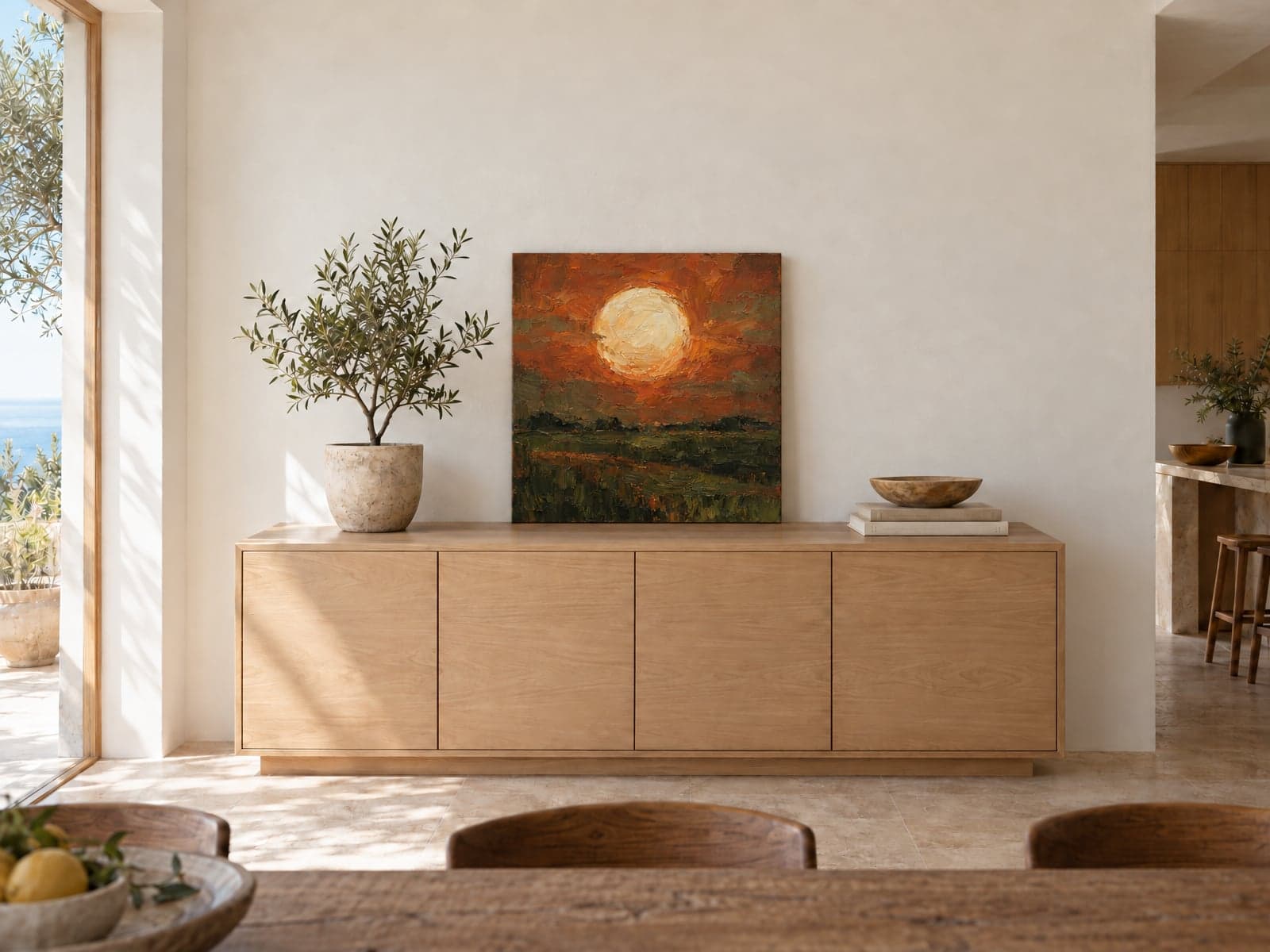 A canvas of a red sun over a field standing on an oak sideboard