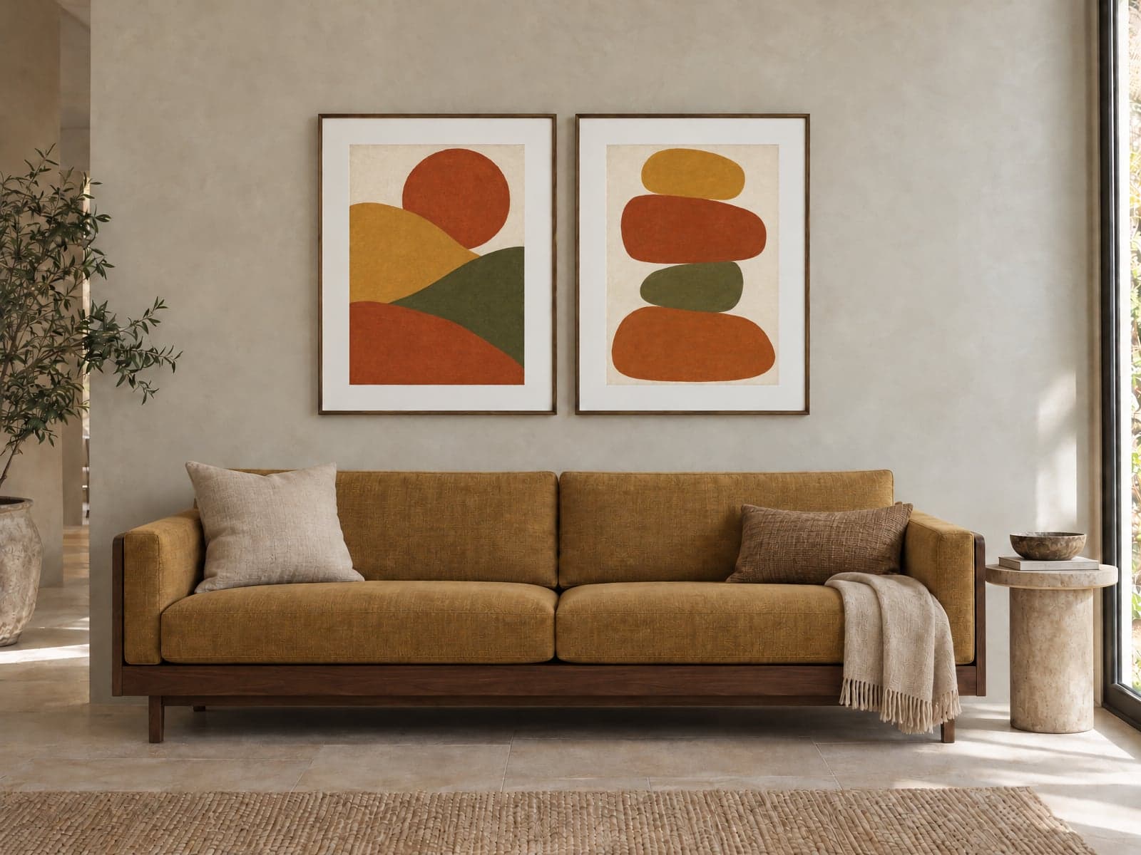Two framed abstract prints in rust and olive above a mustard sofa