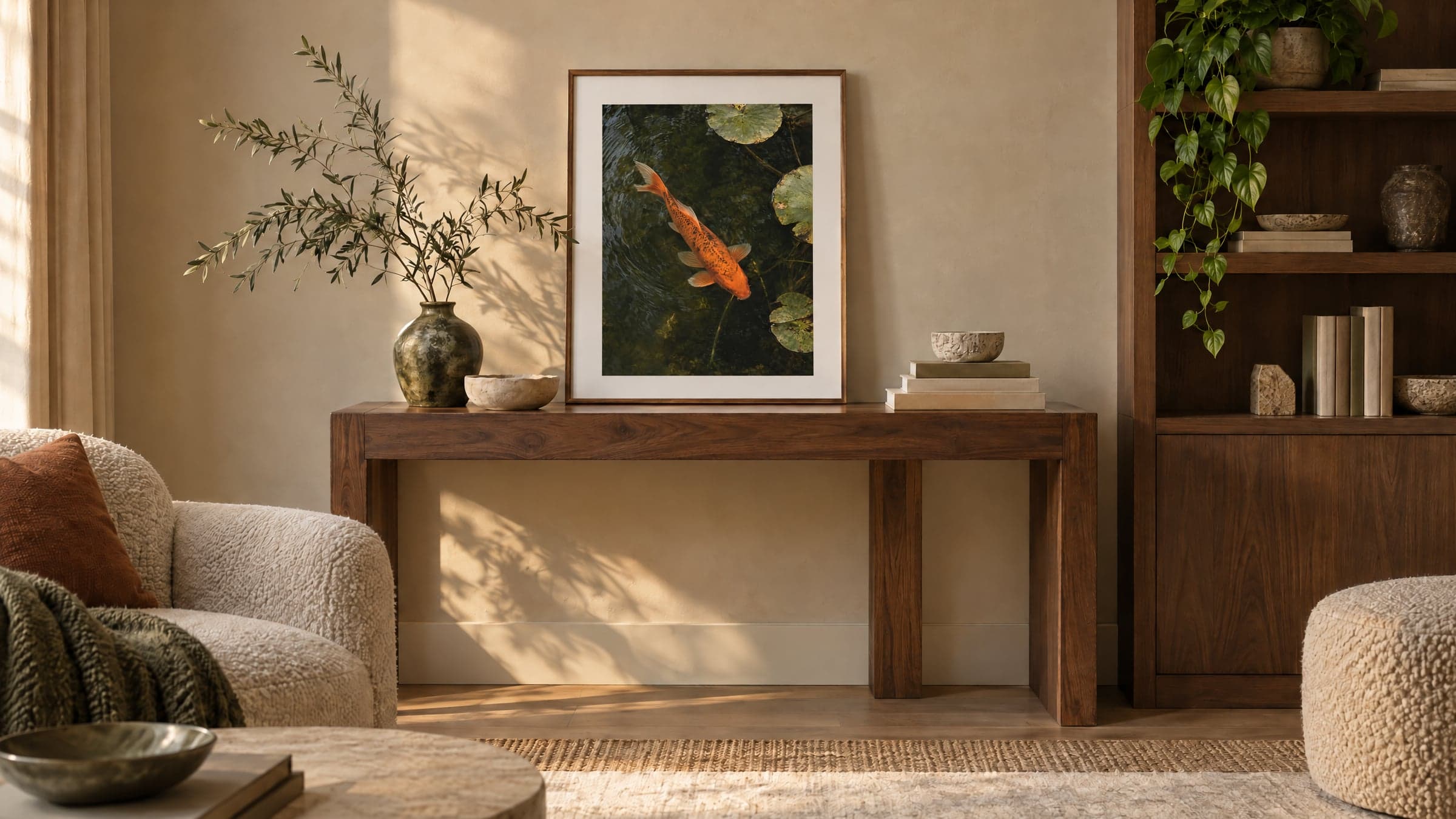 A framed print of a koi among lily pads on a walnut console