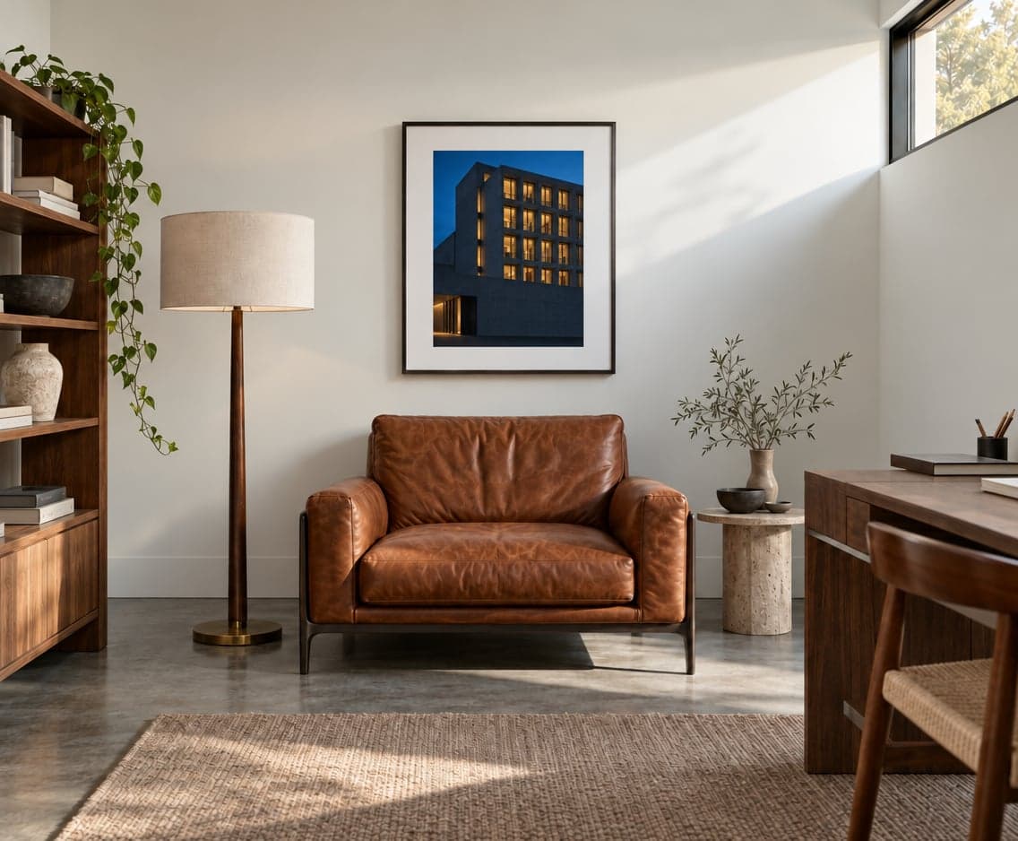 A framed photograph of a building at blue hour above a leather armchair in a study