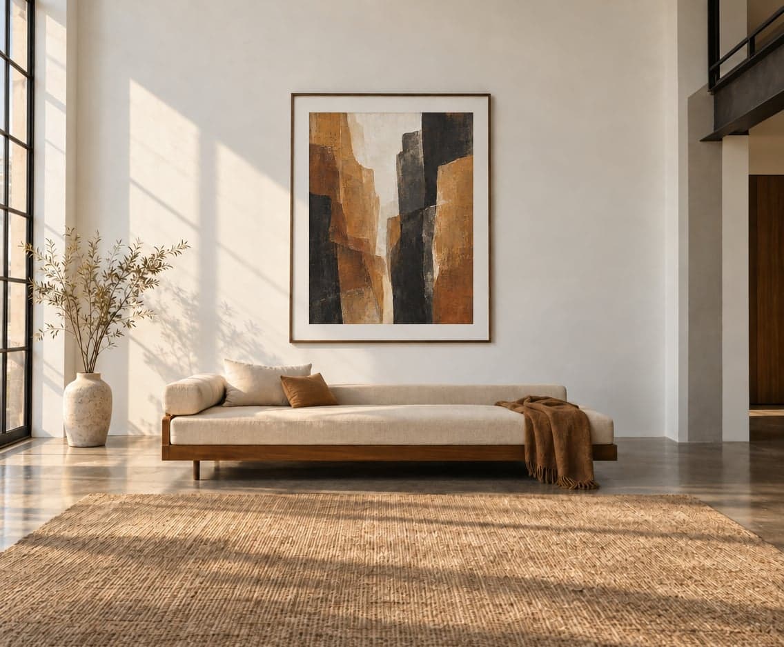 A tall framed abstract print in rust and black above a daybed