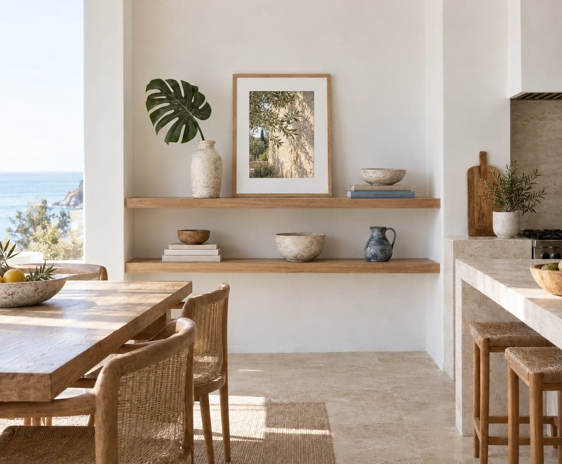 A framed print with a white border on a kitchen wall above open shelves