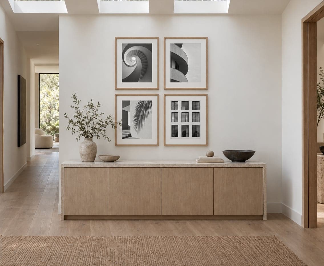 Four framed black and white prints in a grid above a pale oak cabinet in a hallway