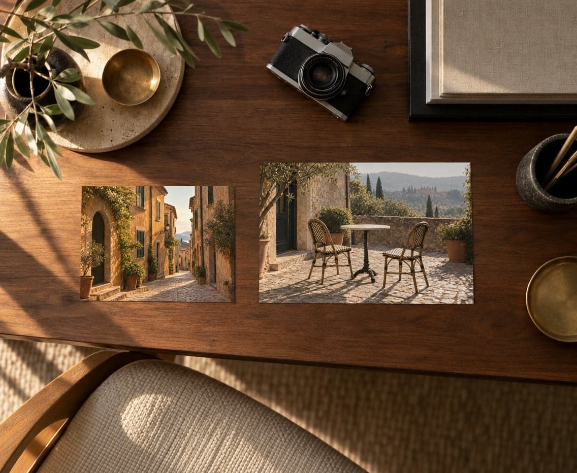 Two photo prints of an old town street and a terrace on a walnut desk beside a film camera