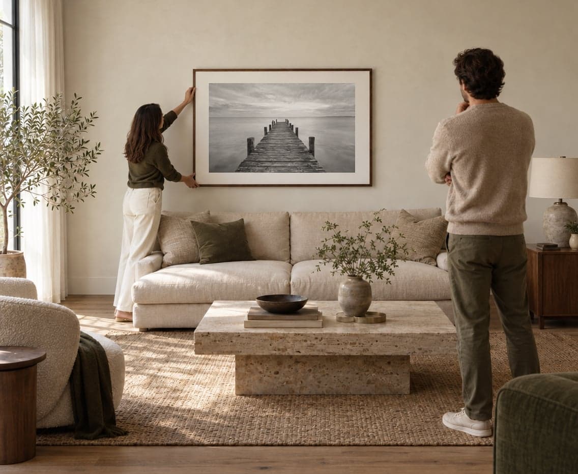 A couple hanging a framed black and white print of a jetty above their sofa