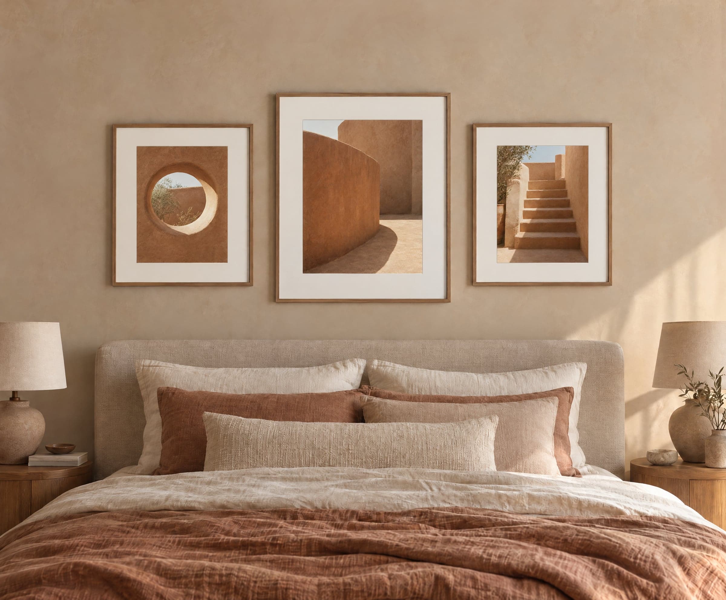 Three framed prints of desert architecture above a bed with terracotta linen
