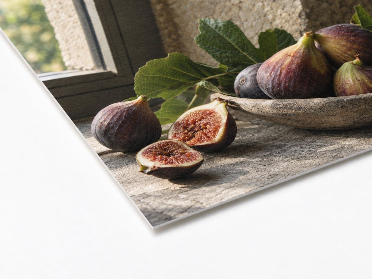 The corner of a matte print of ripe figs in a wooden bowl