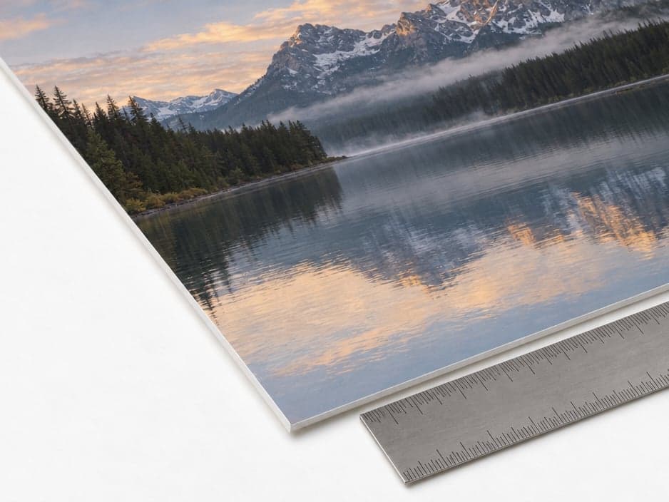 The corner of a large print of a misty mountain lake beside a steel ruler