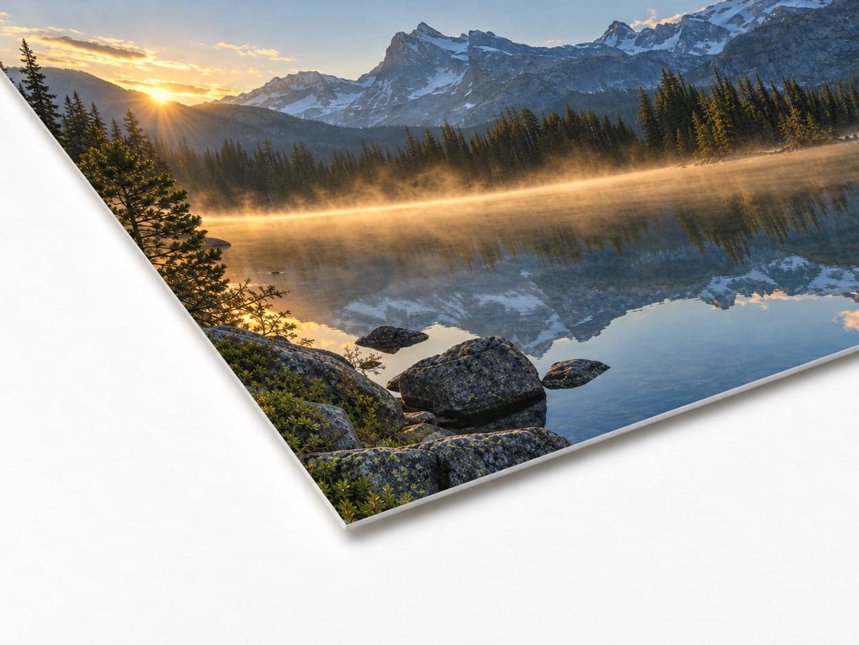 The corner of a luster photo print of a mountain lake at sunrise