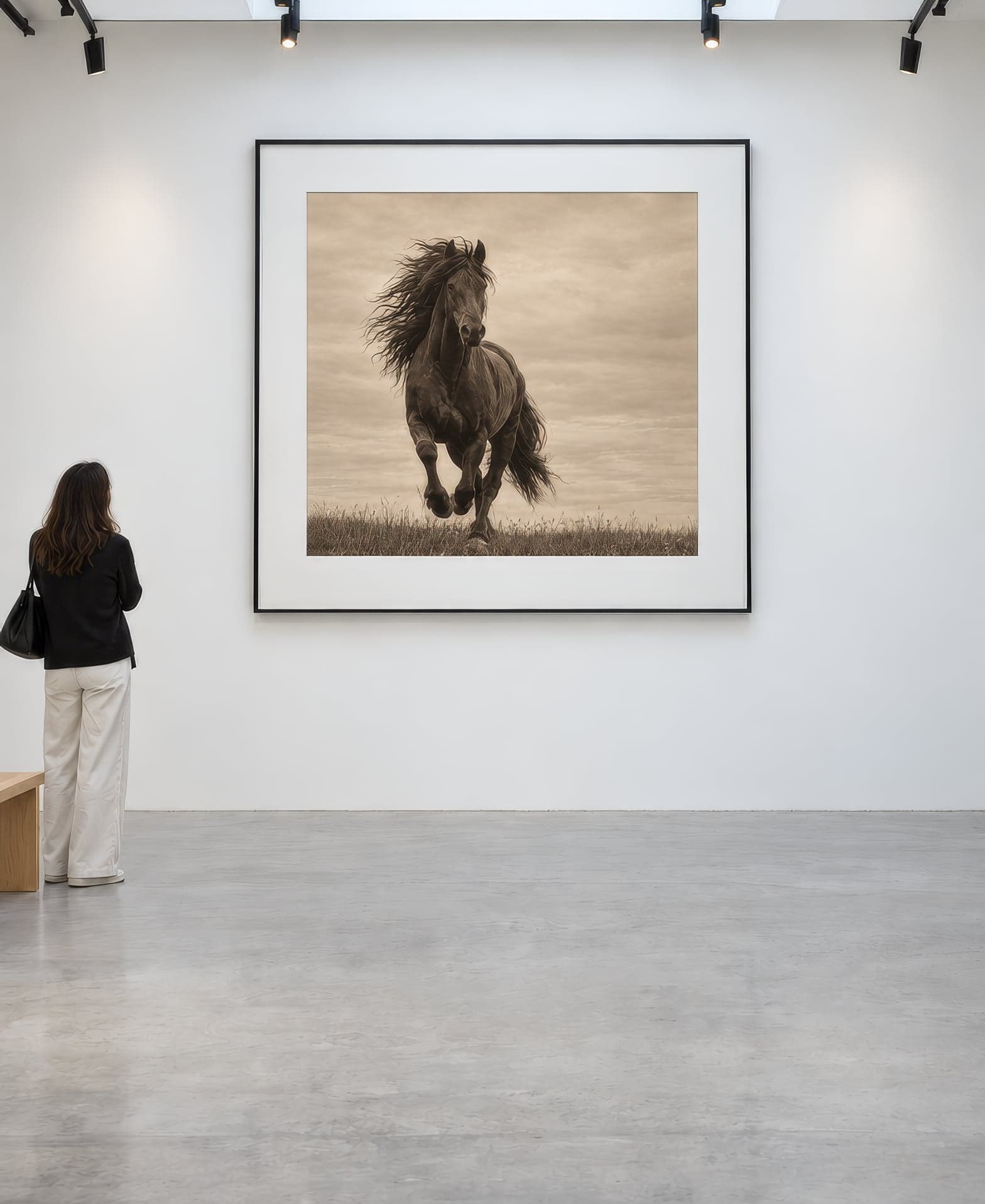 Gallery visitors looking at a large framed print of a wild horse