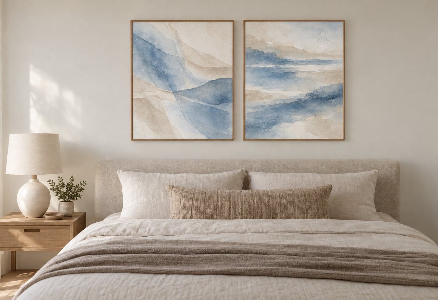 Two framed abstract prints in soft blues above a bed with linen bedding