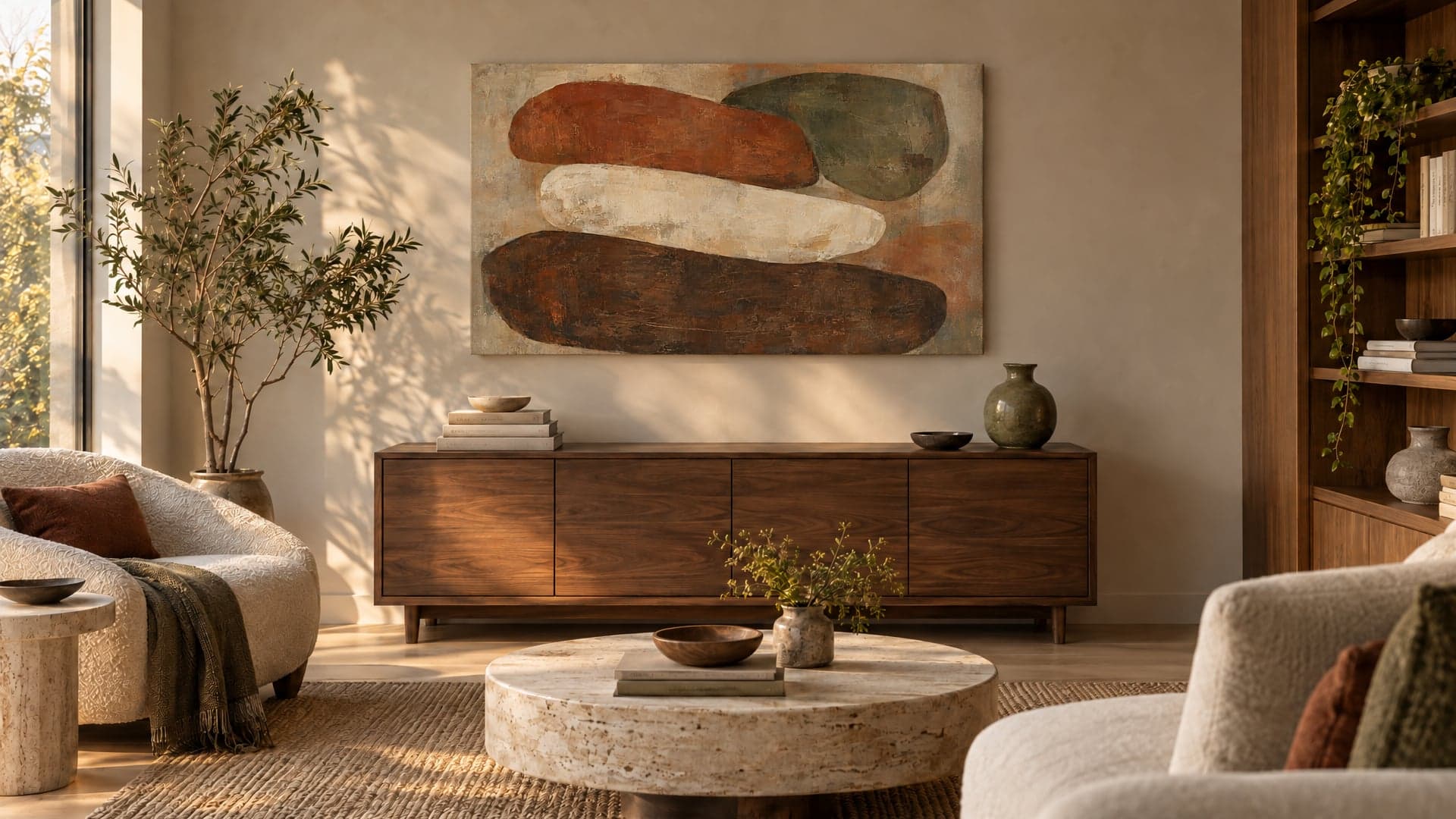 A large abstract canvas in earth tones above a walnut cabinet in a living room