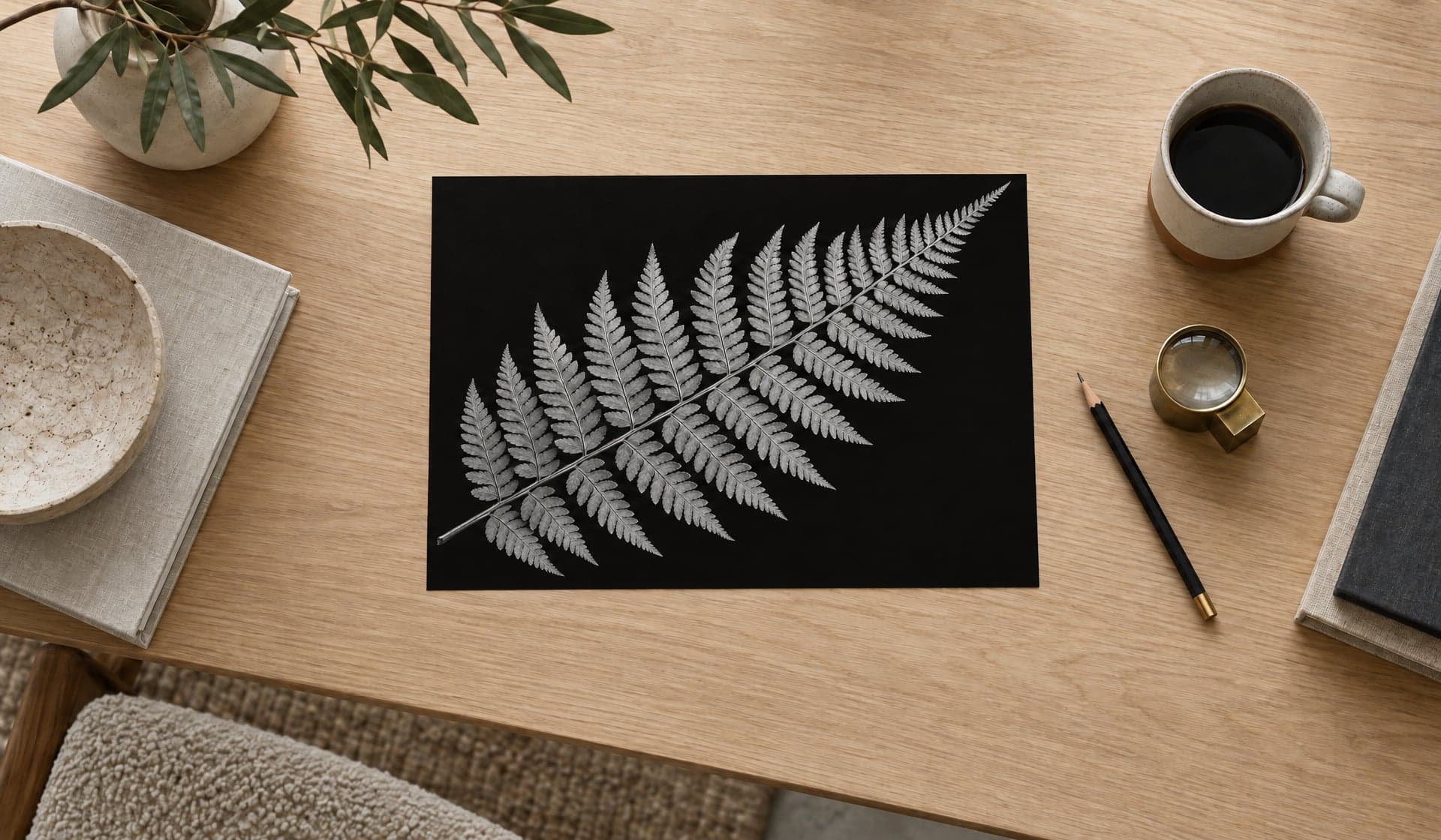 A print of a fern on black on an oak desk, beside a cup of coffee and a loupe