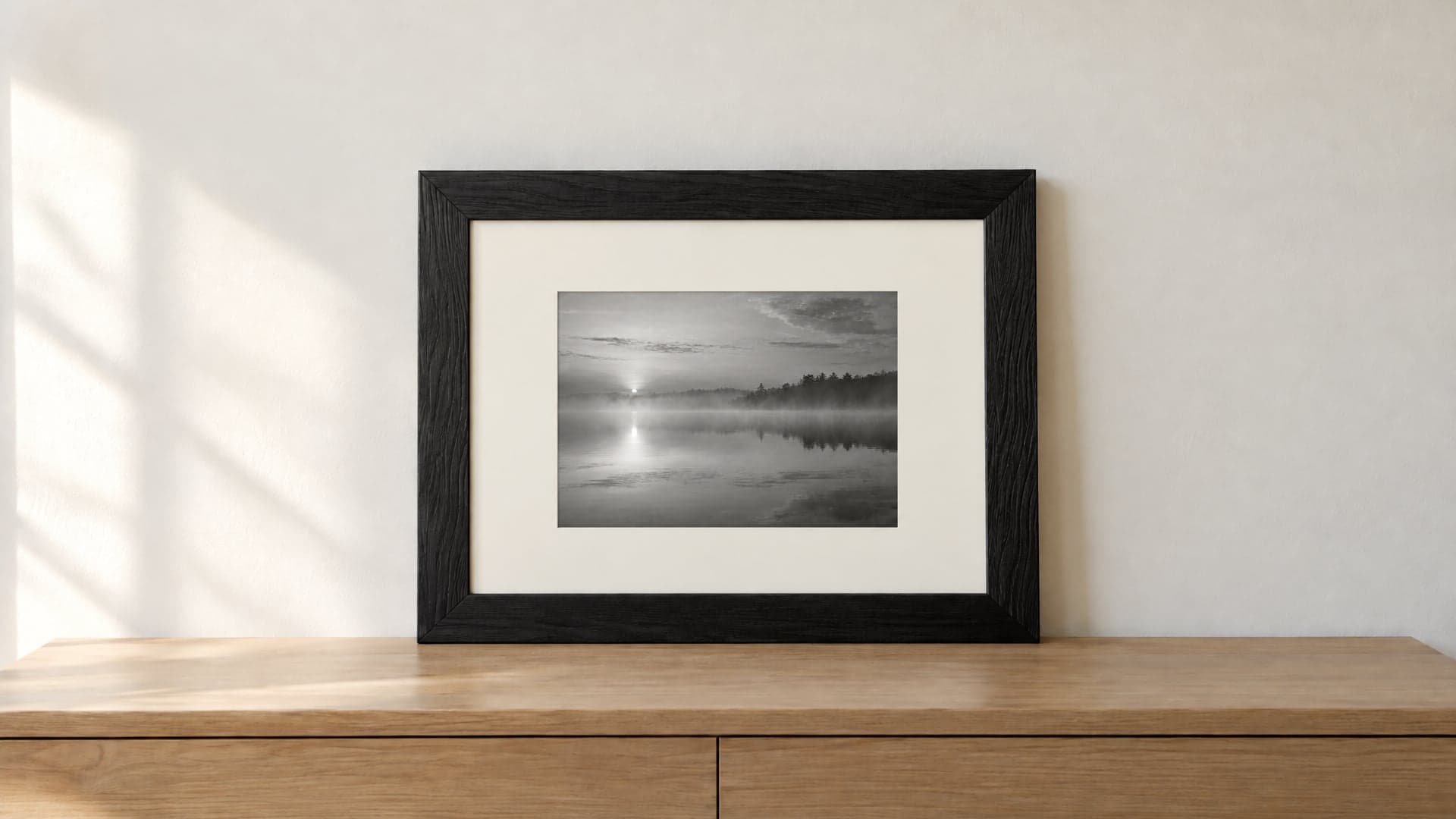 A black frame with a white mat around a misty lake photo, standing on an oak console