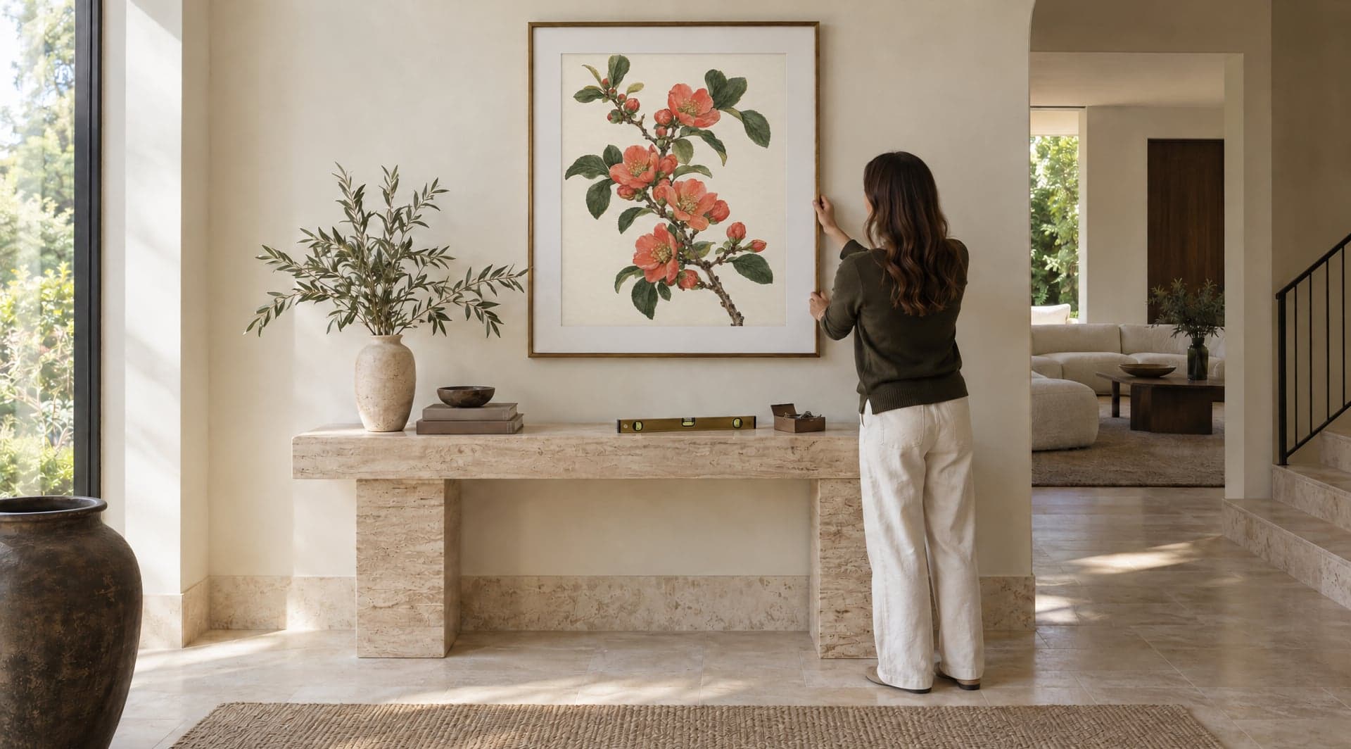 A woman straightening a framed botanical print above a stone console