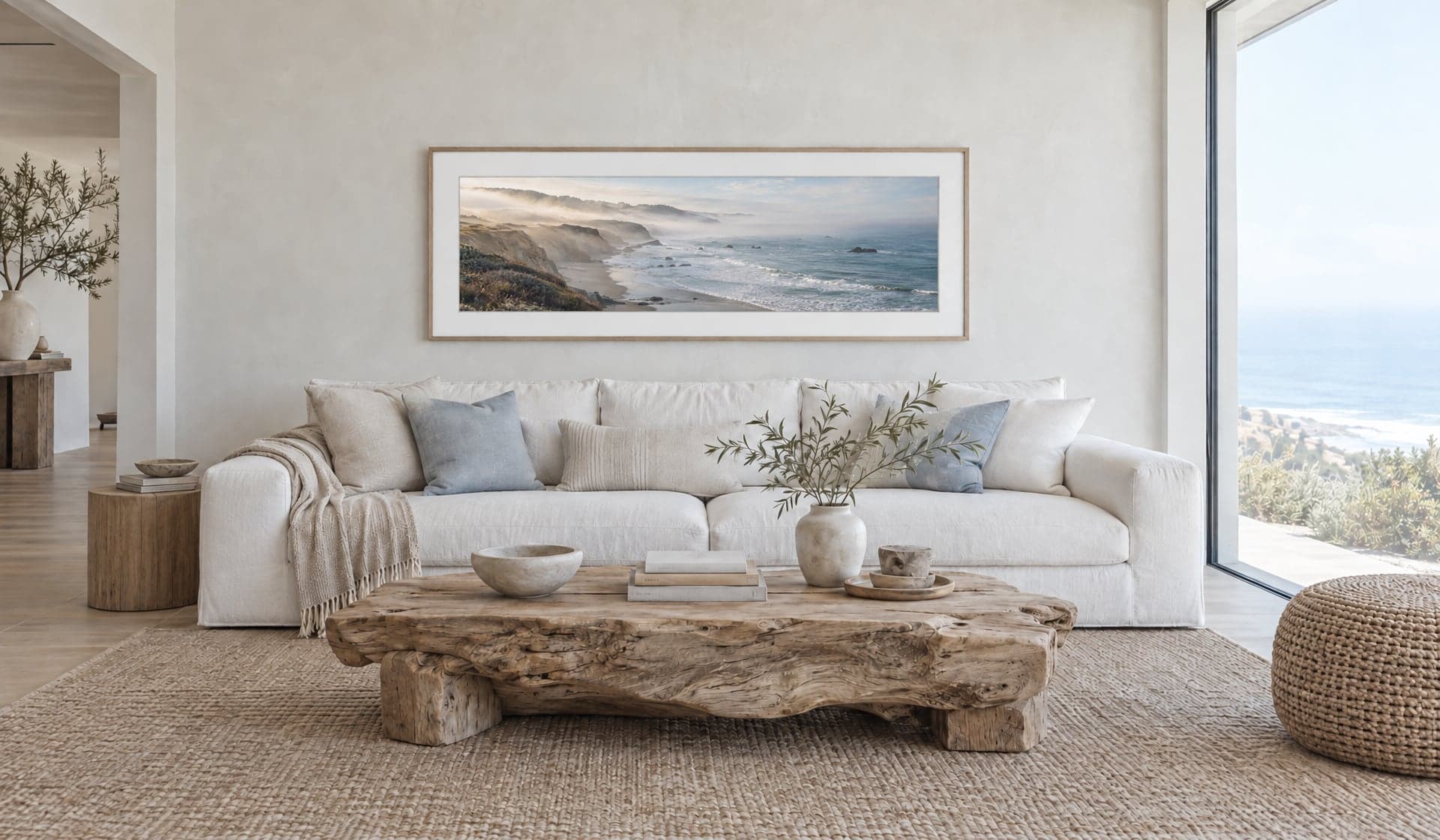 A long panoramic print of a misty coast above a white sofa in a room with a sea view