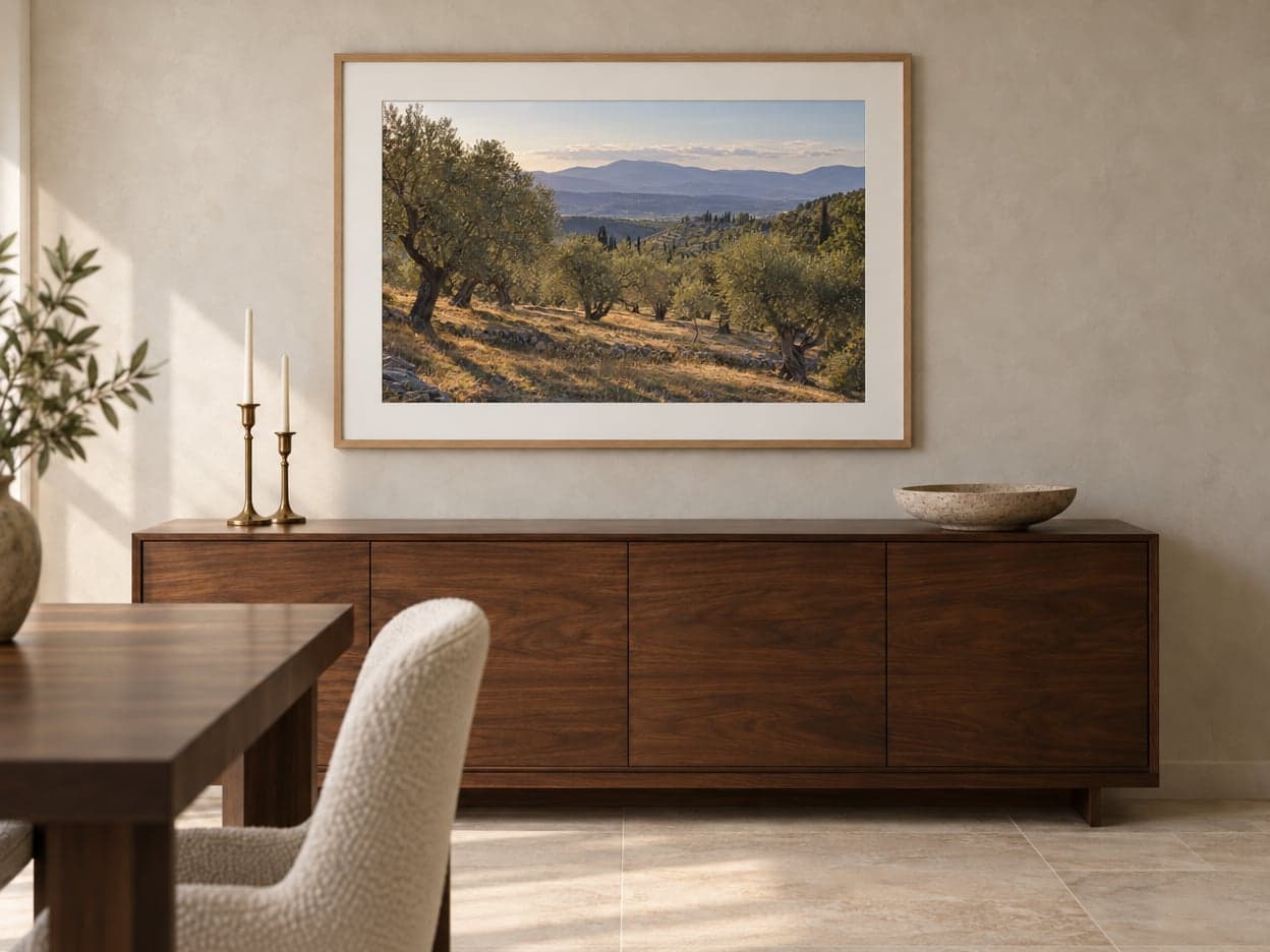 A framed print of olive groves above a walnut sideboard in a dining room