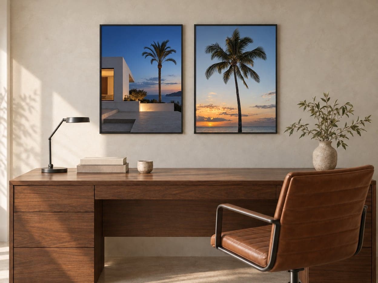 Two framed color photos of palm trees above a walnut desk