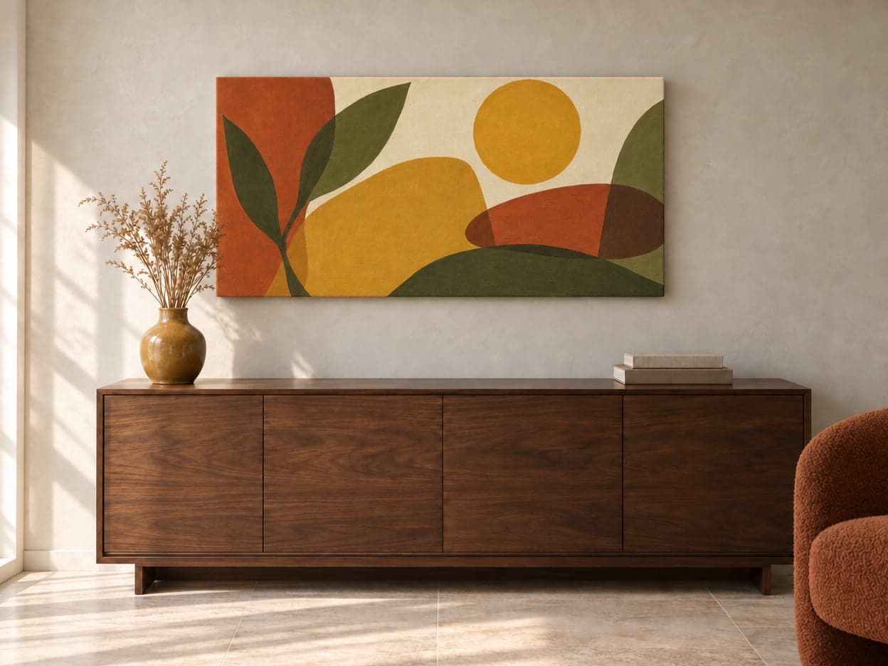 A wide abstract canvas in ochre and olive above a walnut sideboard