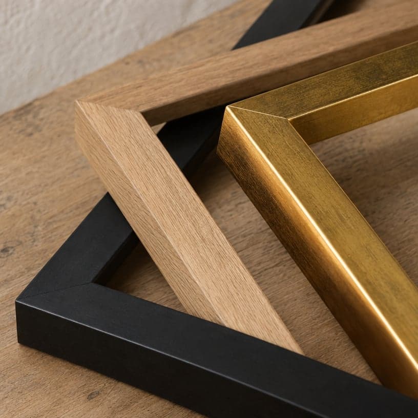 The corners of black, oak and gold frames on a wooden table