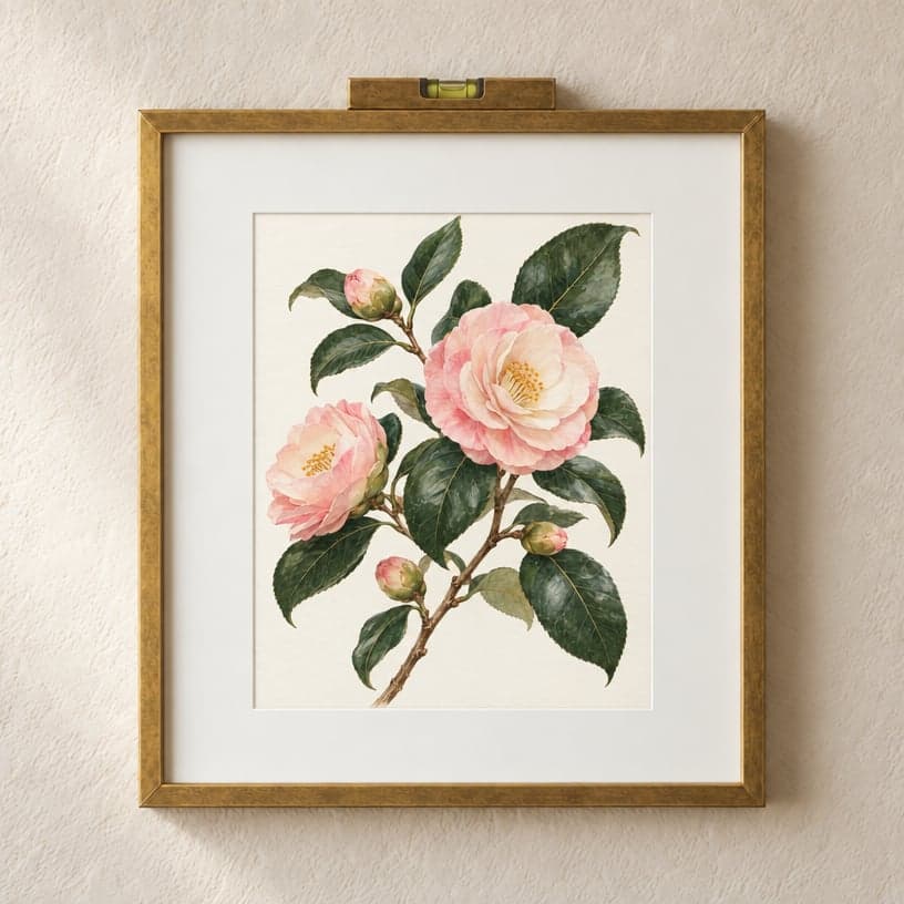 A gold frame around a botanical print of camellias, a small level on its top
