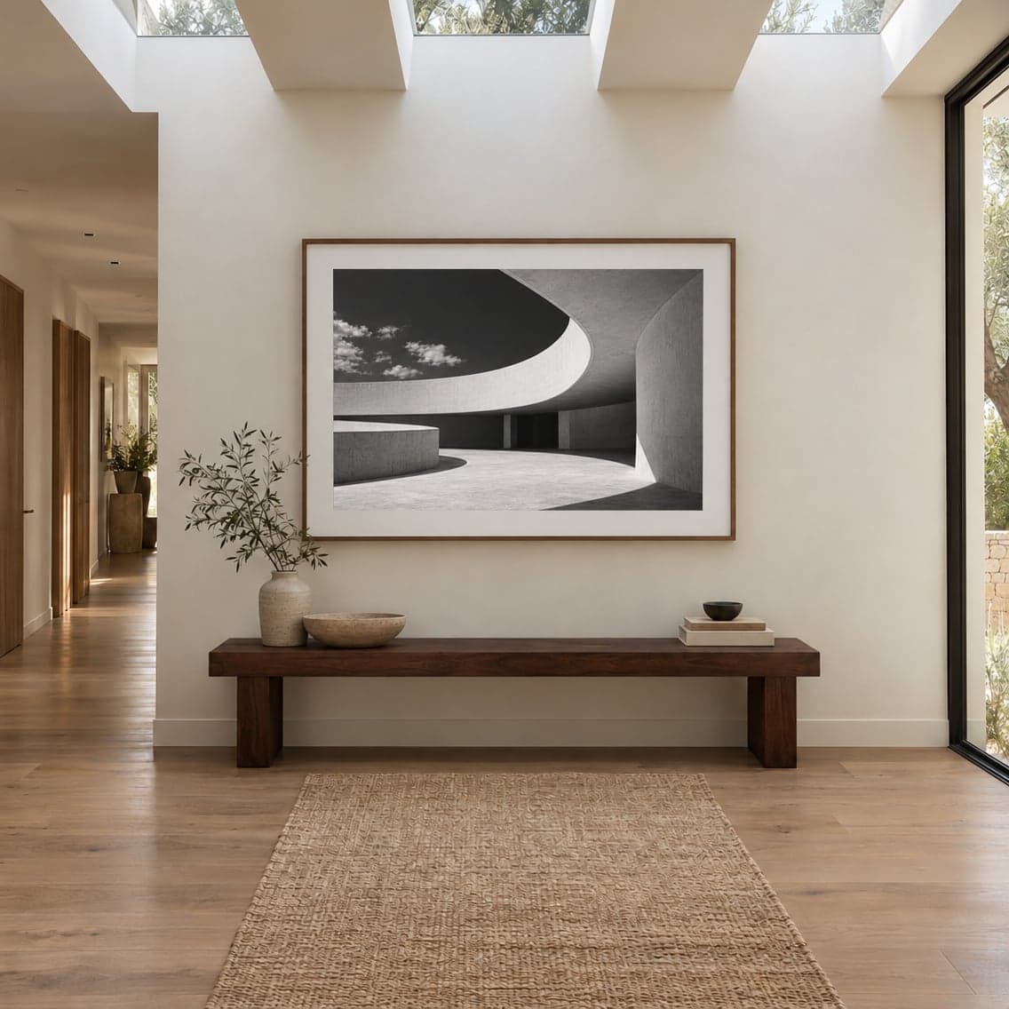 A framed black and white print of curved concrete architecture above a hallway bench