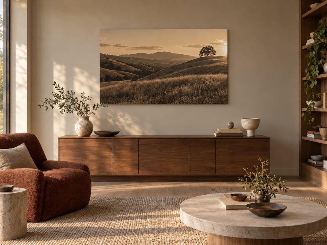 A wide canvas of golden hills and a lone tree above a walnut sideboard
