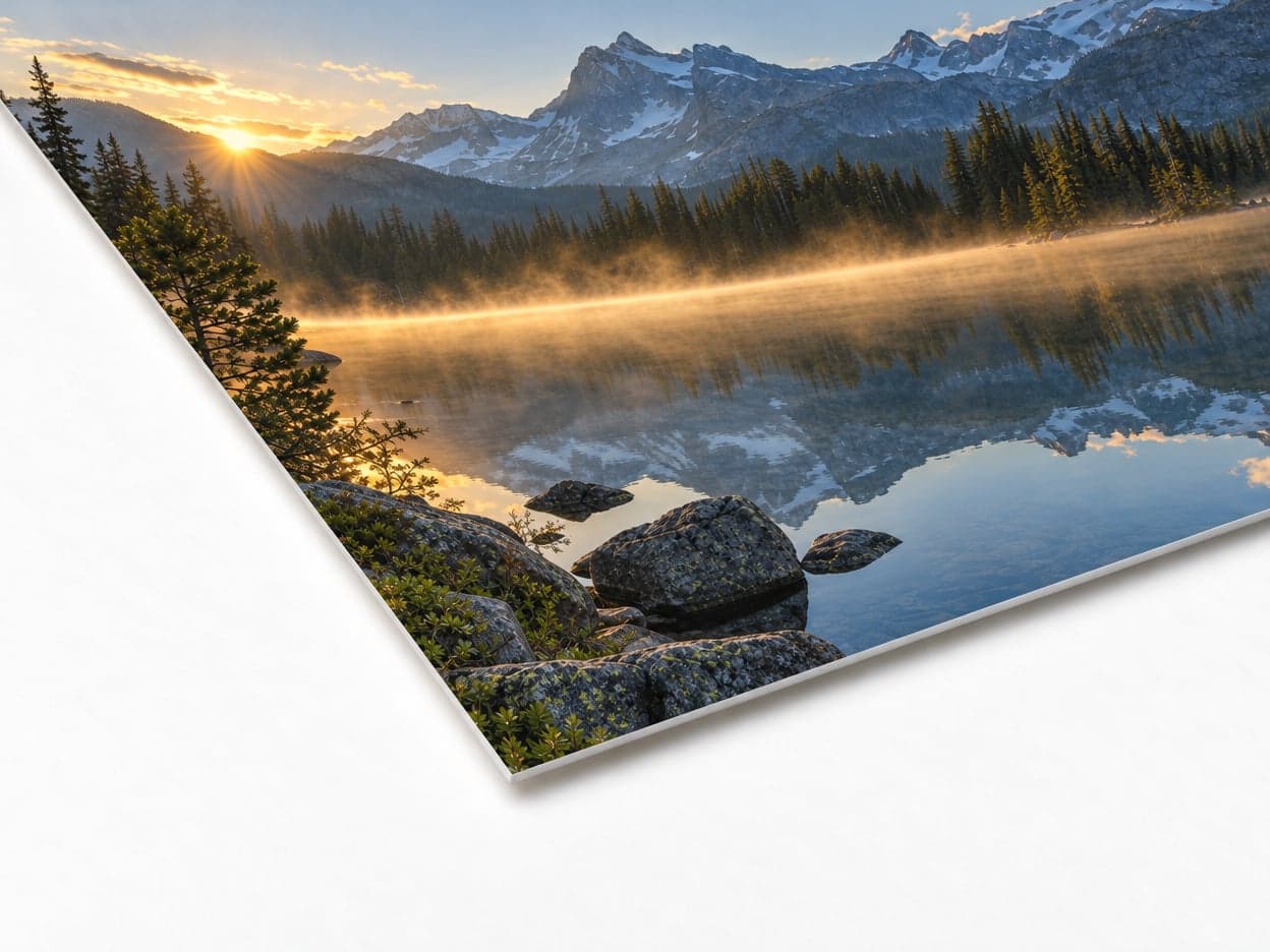 The corner of a luster photo print of a mountain lake at sunrise