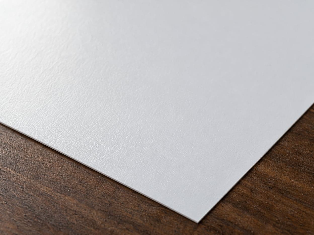 The corner of a sheet of luster photo paper on a dark wood table