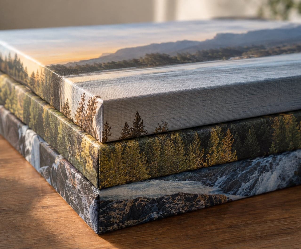 Three canvases stacked on a table, their mirrored edges showing