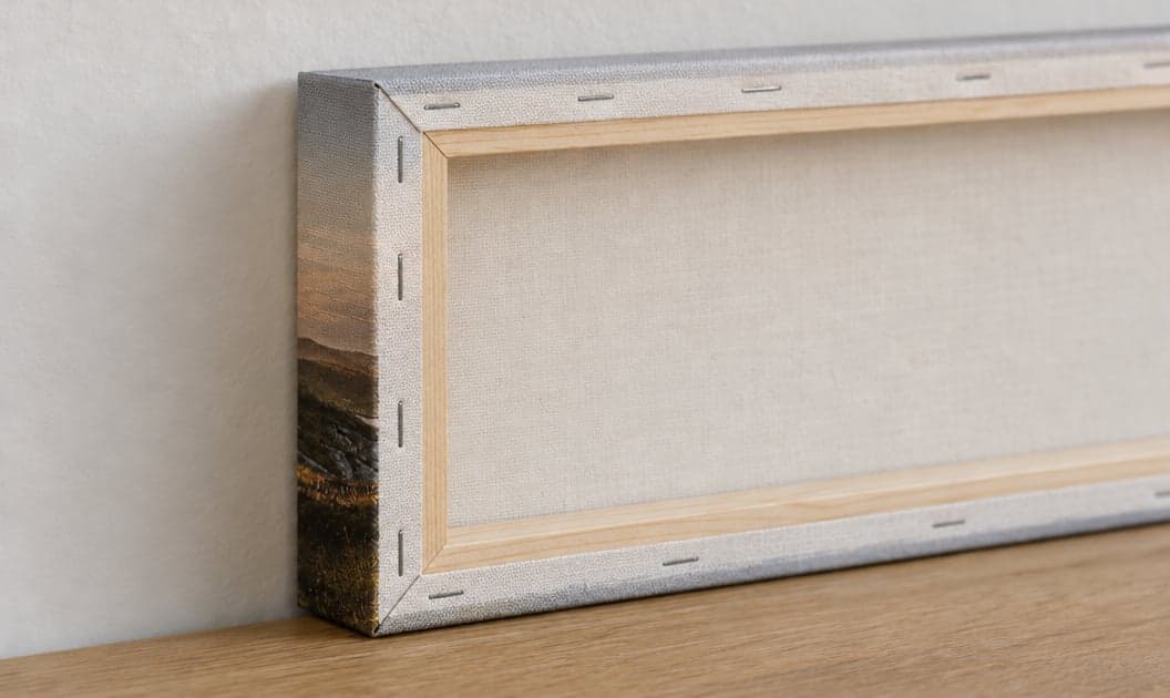 The back of a canvas: the fabric pulled over a wooden stretcher and stapled