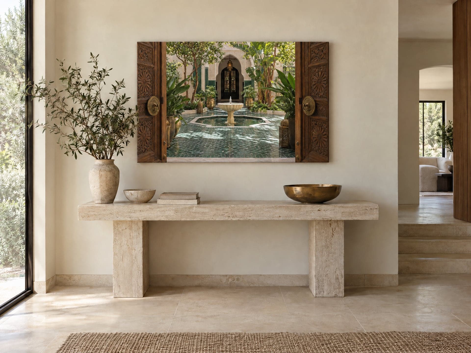 A canvas of a garden courtyard with a fountain above a stone console