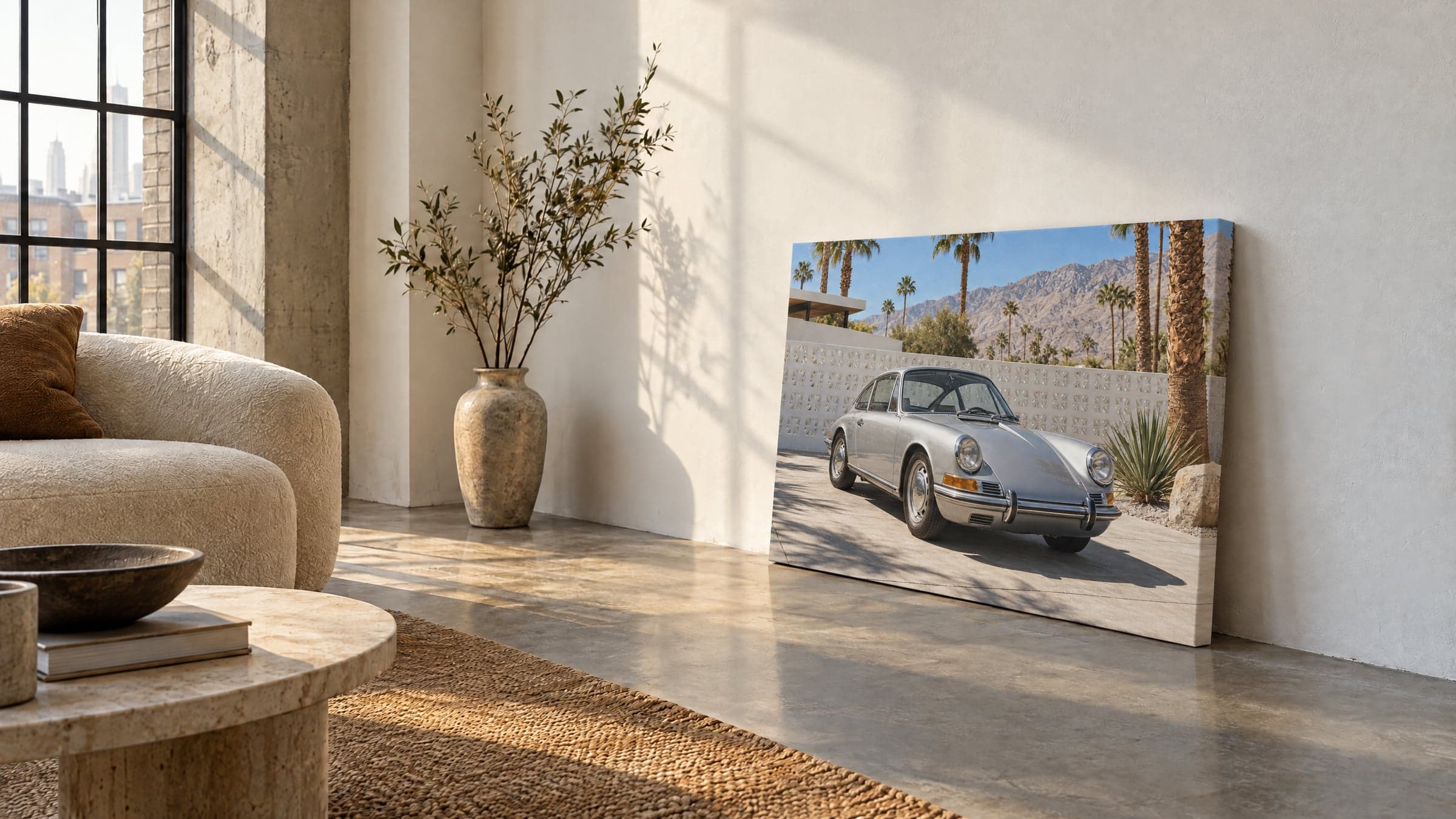 A canvas of a silver vintage sports car leaning against the wall of a sunlit loft