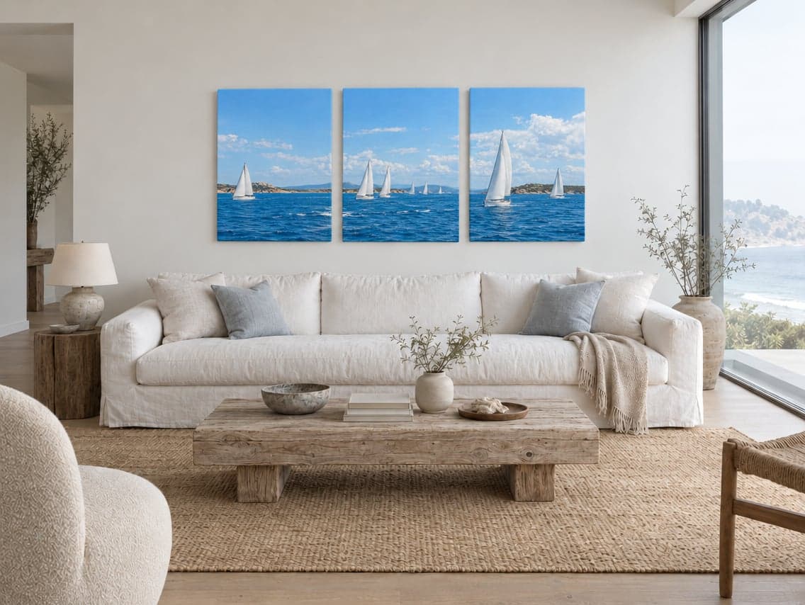 Three canvases of sailboats on a blue sea above a white sofa