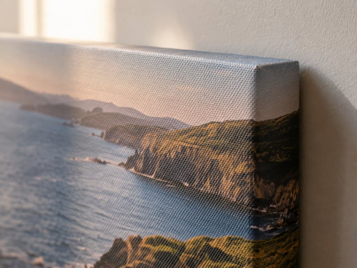 The woven texture and mirrored edge of a canvas of a coastline at sunset, close up
