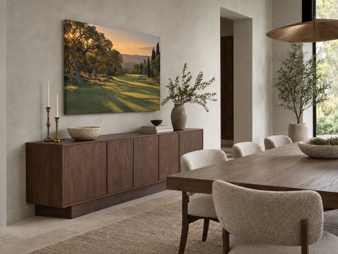 A canvas of an oak tree on a hillside at golden hour above a dark sideboard