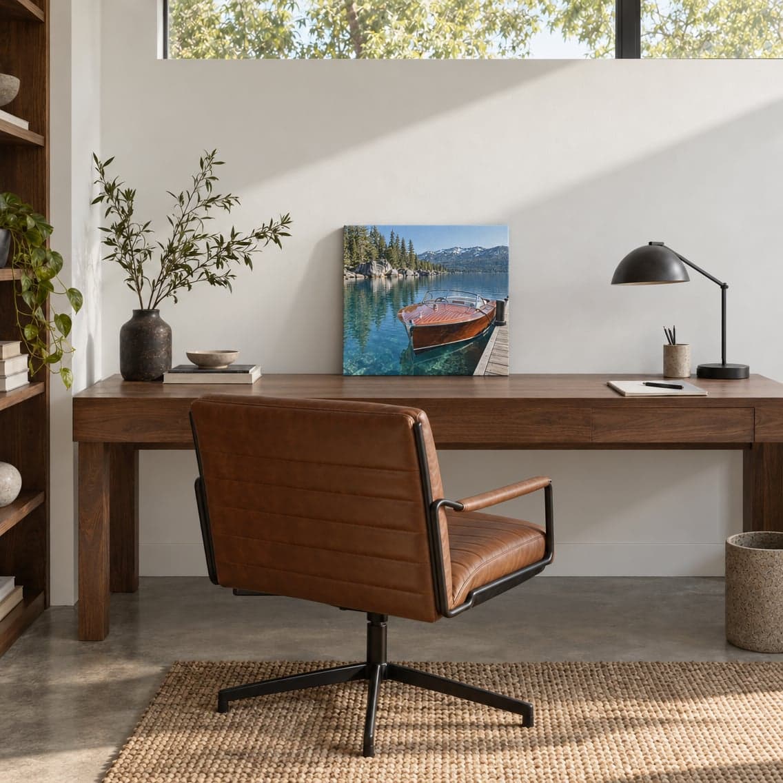 A canvas of a wooden boat on a clear lake standing on a walnut desk