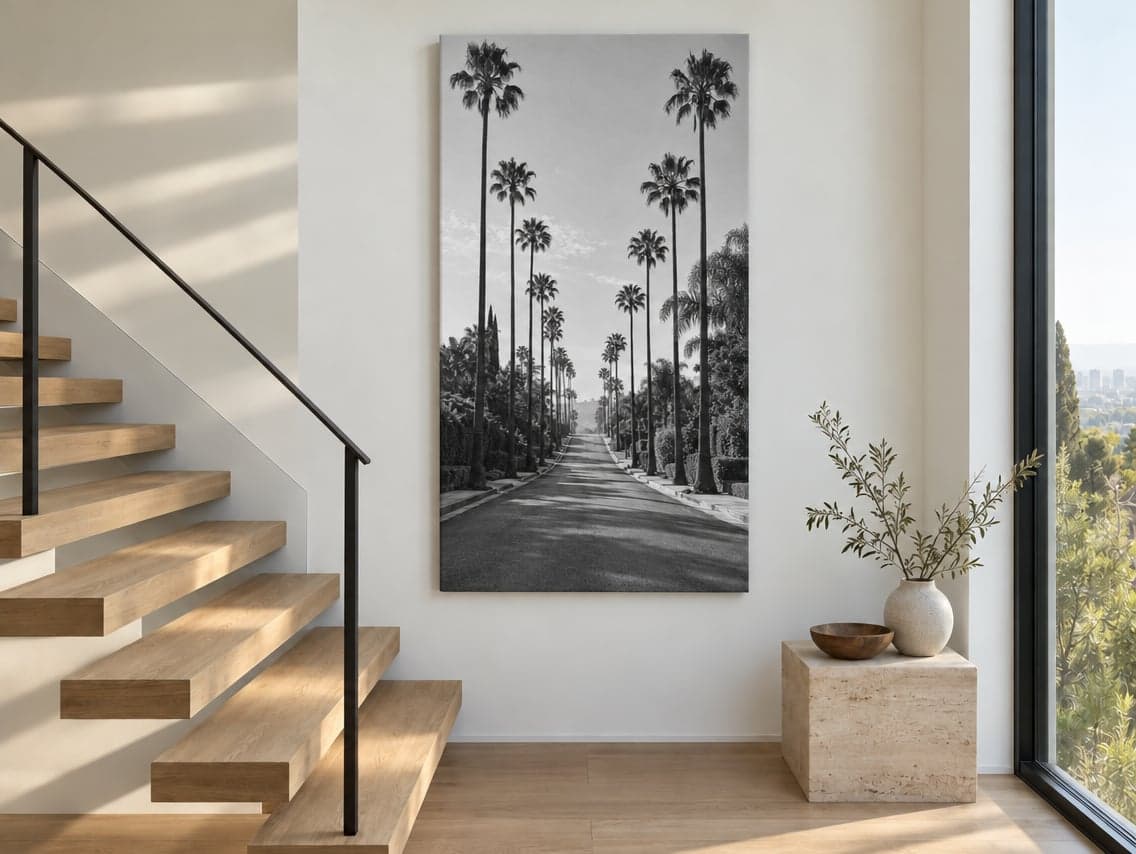 A tall black and white canvas of a road lined with palms beside a staircase
