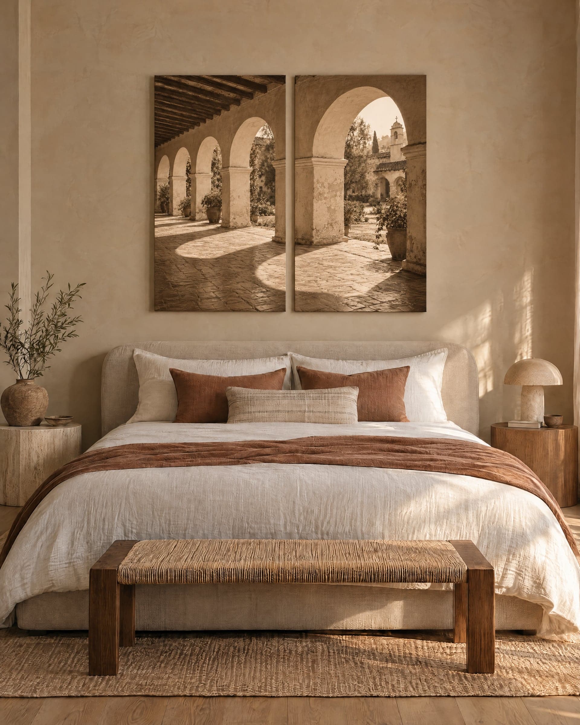 Two canvases of a sepia arcade above a bed