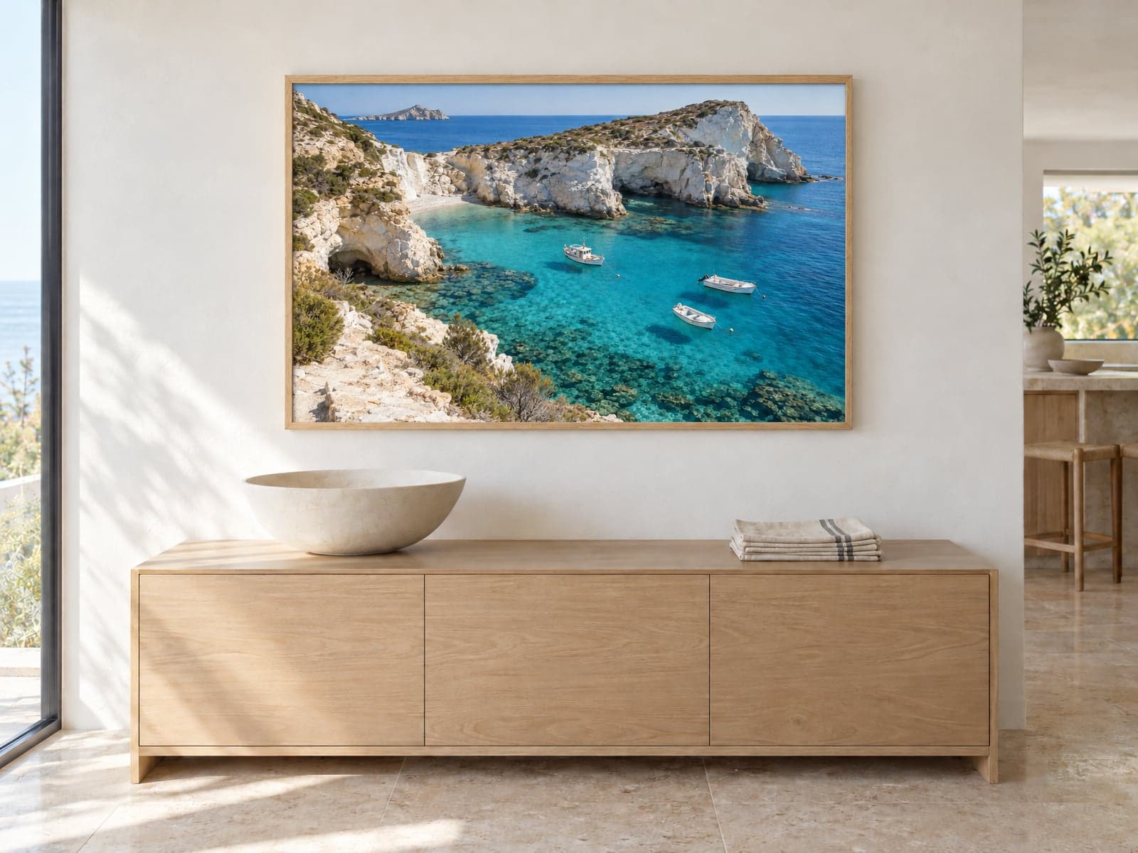 A framed photo of a turquoise bay below white cliffs above an oak sideboard