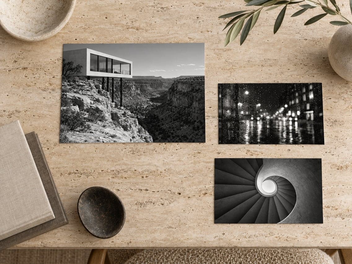 Three black and white photo prints on a travertine table