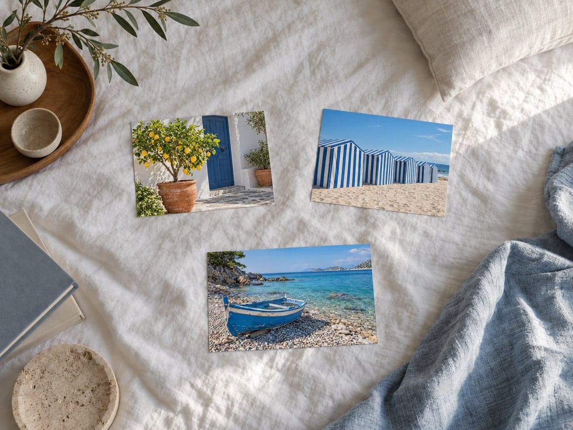 Three color photo prints of a seaside town on white linen