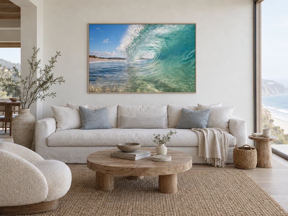 A framed photo of a breaking wave above a white sofa in a room by the sea