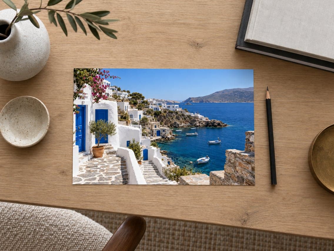 A photo print of a whitewashed harbor village on an oak desk beside a pencil
