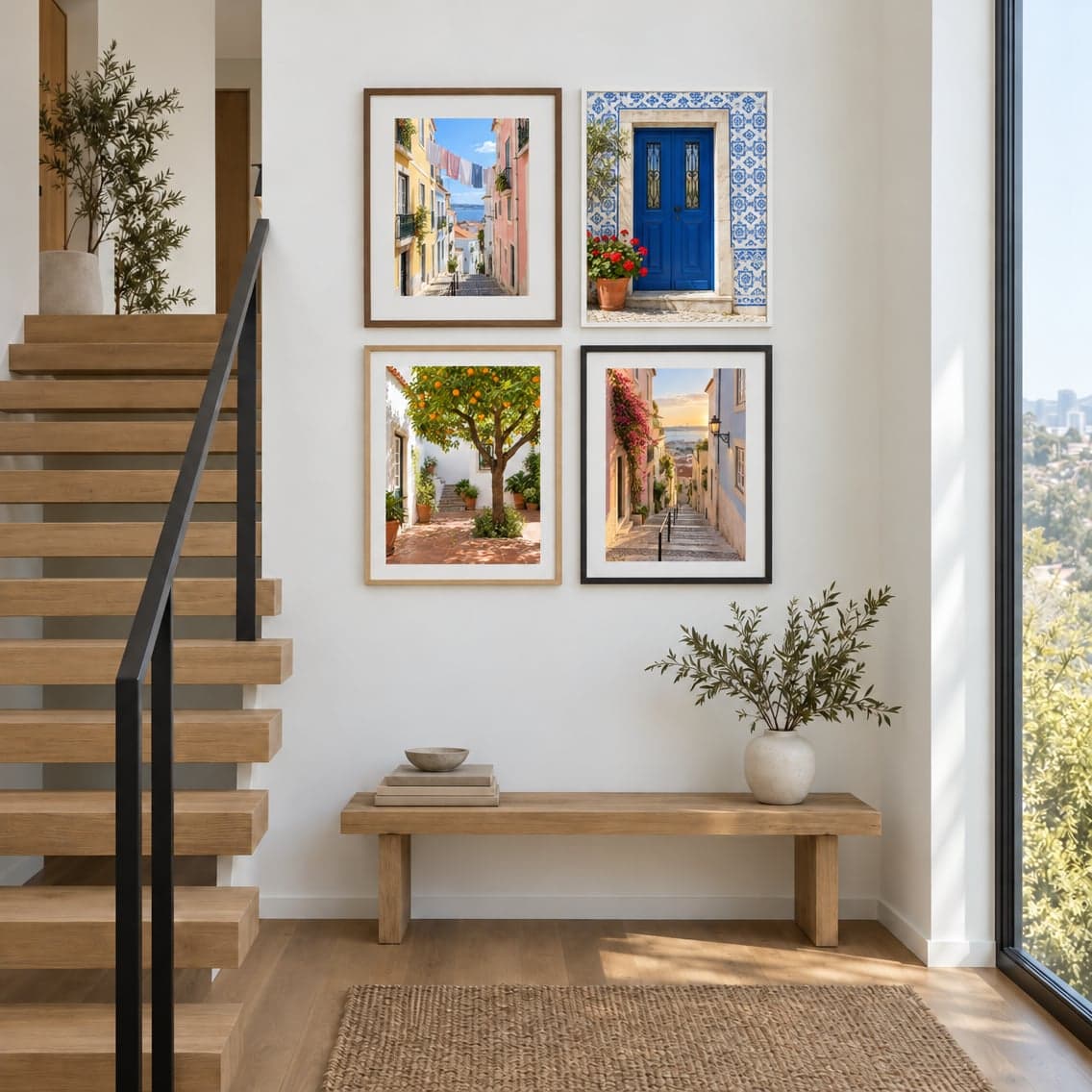 Four framed street photos in a grid beside a staircase