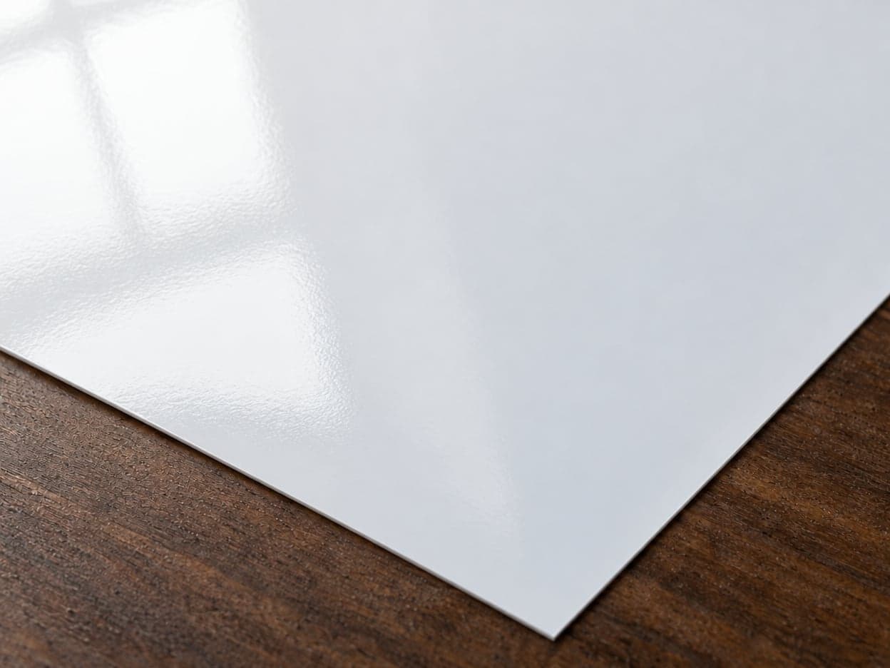 The corner of a sheet of glossy photo paper catching the window light