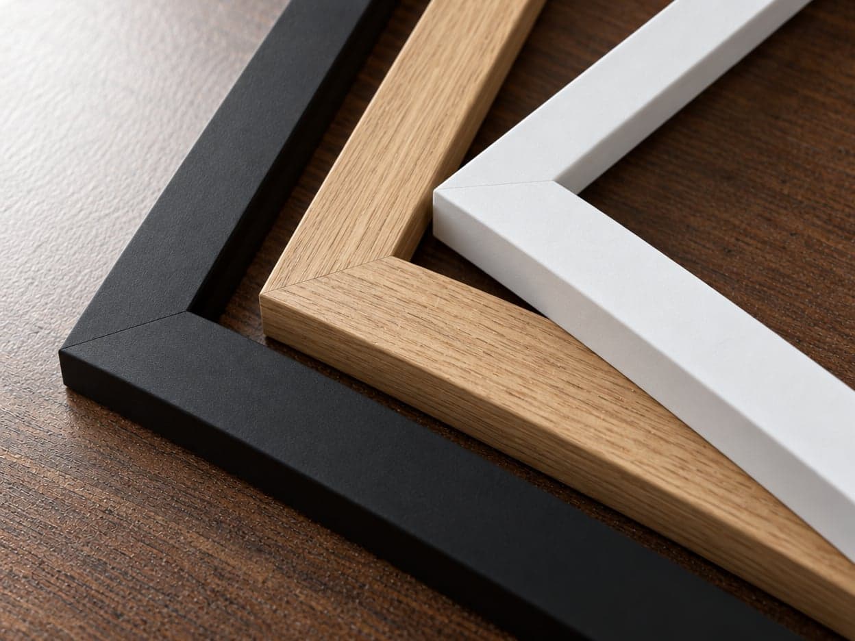 The corners of black, oak and white picture frames on a table